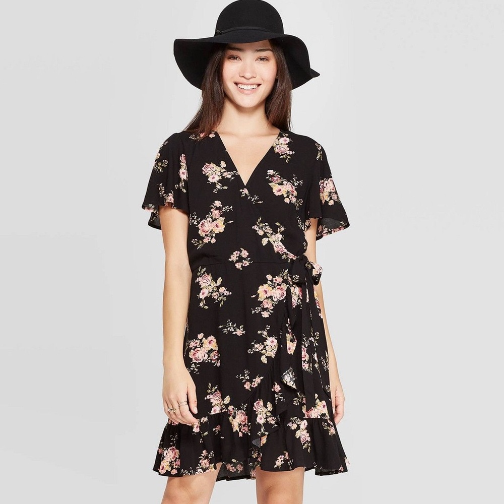 NWT Xhilaration Black Floral Wrap Mini Dress